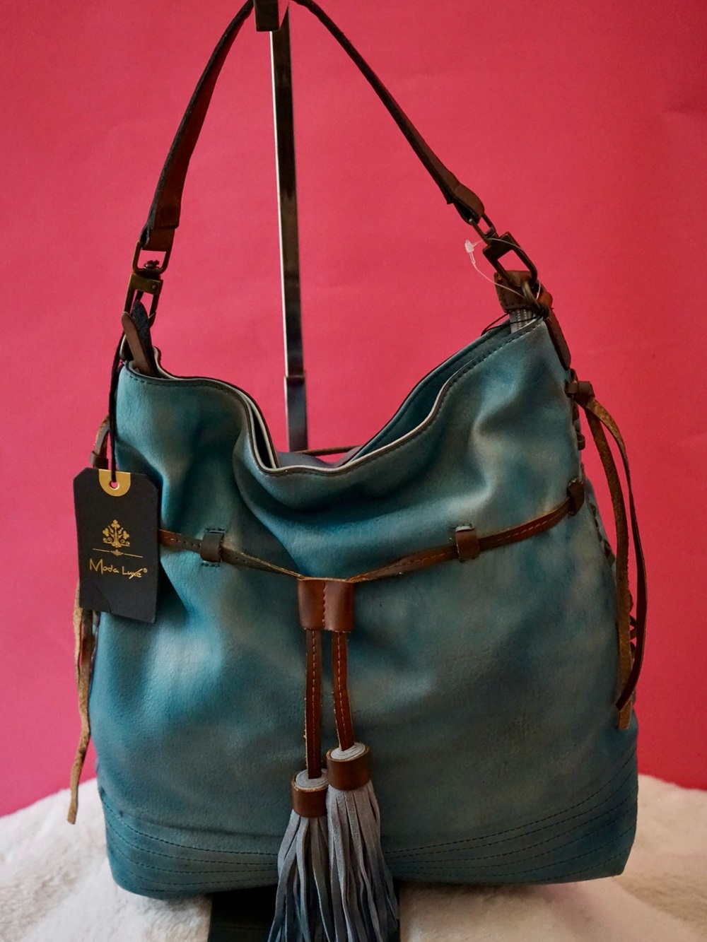 NWT Moda Luxe Teal Blue Vegan Leather Slouchy Boho Hobo Bag Tassel Purse
